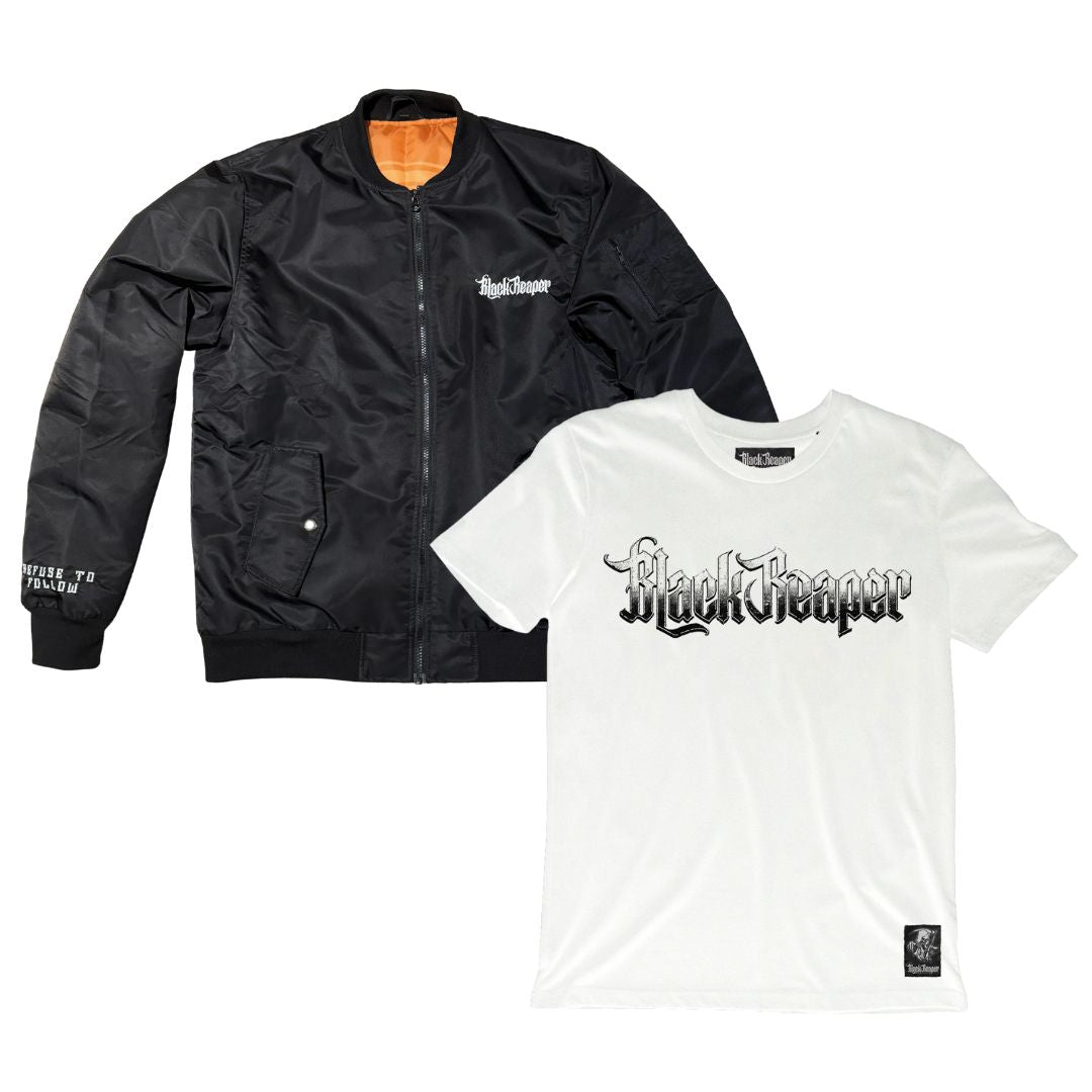 Black Reaper Bomber Jacket & White Comic Tee Bundle