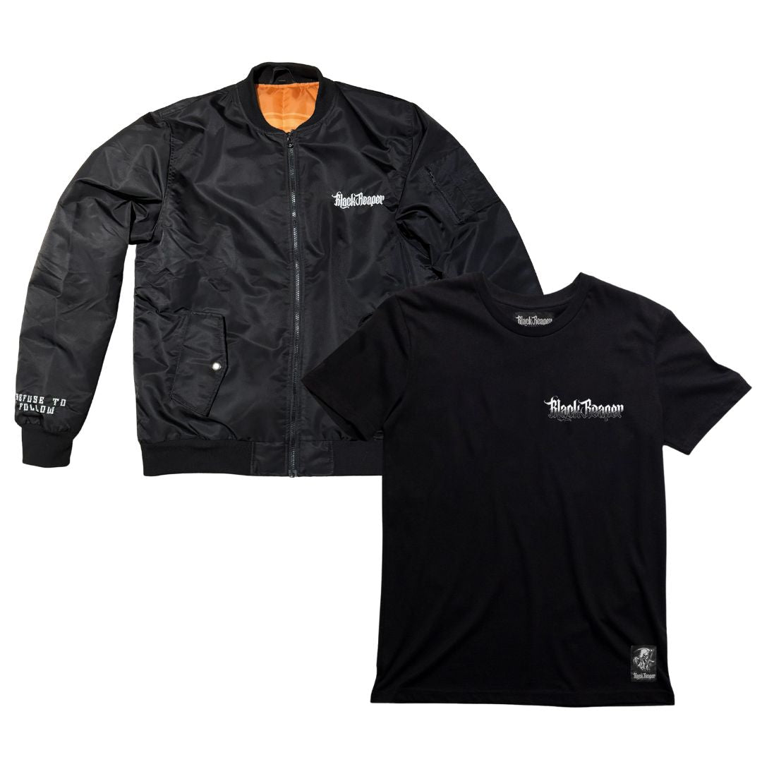 Black Reaper Bomber Jacket & Black Comic Tee Bundle